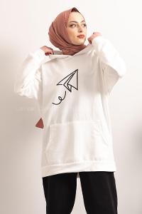 Modalamelif Kapşonlu Fly Baskılı Sweatshirt Beyaz