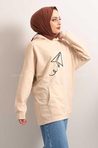 Modalamelif Kapşonlu Fly Baskılı Sweatshirt Krem