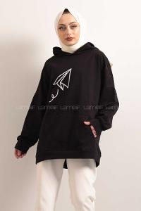 Modalamelif Kapşonlu Fly Baskılı Sweatshirt Siyah