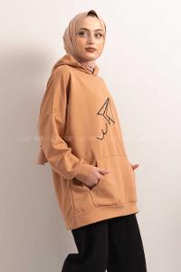 Modalamelif Kapşonlu Fly Baskılı Sweatshirt Soft Kahve