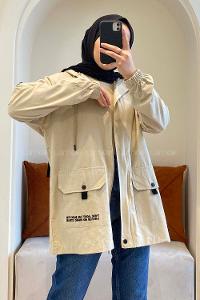 Modalamelif Kapşonlu Gabardin Ceket Taş Rengi