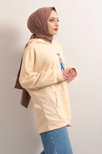 Modalamelif Kapşonlu Karikatür Baskılı Sweatshirt Bej