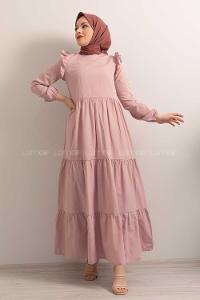 Modalamelif  Kol Lastikli Omuz Fırfırlı Elbise Pudra