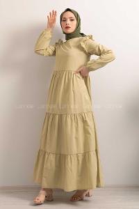 Modalamelif  Kol Lastikli Omuz Fırfırlı Elbise Yağ Yeşili