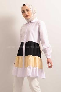 Modalamelif  Önü Düğmeli Renk Garnili Tunik Ekru
