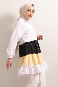 Modalamelif  Önü Düğmeli Renk Garnili Tunik Ekru