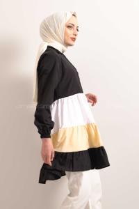 Modalamelif  Önü Düğmeli Renk Garnili Tunik Siyah