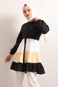 Modalamelif  Önü Düğmeli Renk Garnili Tunik Siyah