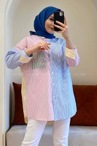 Modalamelif Renk Garnili Çizgili Gömlek Yeşil Pudra