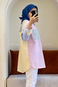 Modalamelif Renk Garnili Çizgili Gömlek Yeşil Pudra