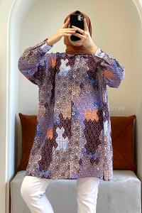 Modalamelif Soyut Desen Dijital Baskı Gömlek Lila