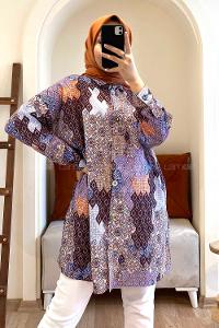 Modalamelif Soyut Desen Dijital Baskı Gömlek Lila