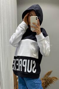 Modalamelif Supreme Yazı Baskılı Kapşonlu Sweatshirt Siyah
