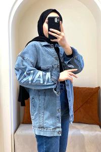 Modalamelif Yıkamalı Kol Baskılı Ceket Açık Mavi