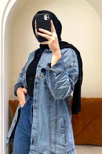 Modalamelif Yıkamalı Kol Baskılı Ceket Açık Mavi