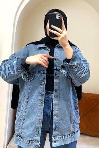 Modalamelif Yıkamalı Kol Baskılı Ceket Açık Mavi