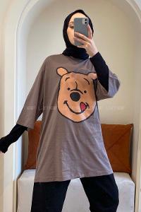 Modalamelif Bear Baskılı Oversize T-Shirt Acı Kahve
