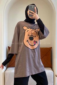 Modalamelif Bear Baskılı Oversize T-Shirt Acı Kahve