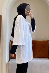 Modalamelif Bisiklet Yaka Oversize T-Shirt Beyaz