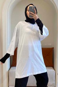 Modalamelif Bisiklet Yaka Oversize T-Shirt Beyaz