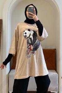 Modalamelif Bisikletli Ayıcık Oversize T-Shirt Bej