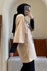 Modalamelif Bisikletli Ayıcık Oversize T-Shirt Bej