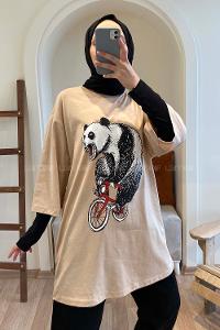 Modalamelif Bisikletli Ayıcık Oversize T-Shirt Bej