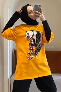 Modalamelif Bisikletli Ayıcık Oversize T-Shirt Oranj