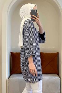 Modalamelif Duble Kol Çizgili T-Shirt Lacivert