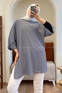 Modalamelif Duble Kol Çizgili T-Shirt Lacivert