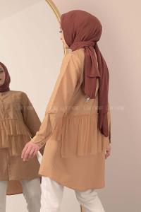 Modalamelif  Hakim Yaka Tül Fırfırlı Tunik Camel