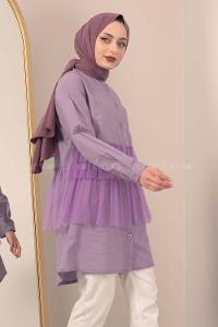 Modalamelif  Hakim Yaka Tül Fırfırlı Tunik Lila