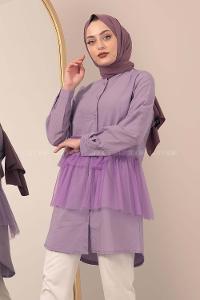 Modalamelif  Hakim Yaka Tül Fırfırlı Tunik Lila
