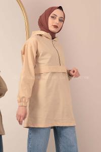 Modalamelif Kanguru Cep Yarım Fermuarlı Tunik Bej