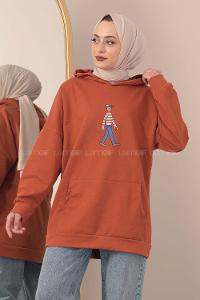 Modalamelif Kapşonlu Karikatür Baskılı Sweatshirt Taba