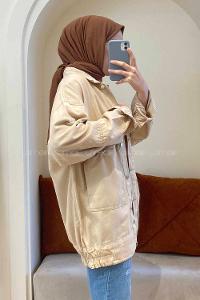 Modalamelif Metal Düğmeli Bel Lastikli Ceket Bej