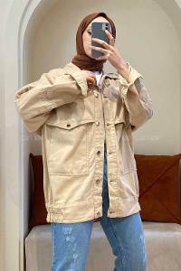 Modalamelif Metal Düğmeli Bel Lastikli Ceket Bej