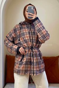 Modalamelif Önü Fermuarlı Ekose Mont Bej