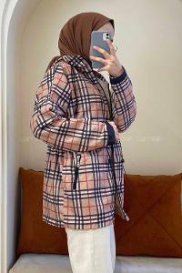 Modalamelif Önü Fermuarlı Ekose Mont Bej