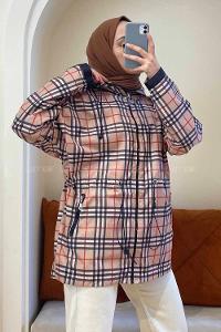 Modalamelif Önü Fermuarlı Ekose Mont Bej