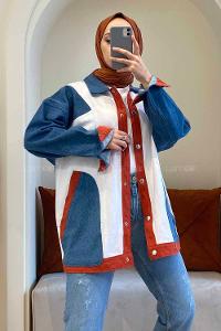 Modalamelif Yan Cepli Renk Garnili Kot Ceket Kot Mavisi