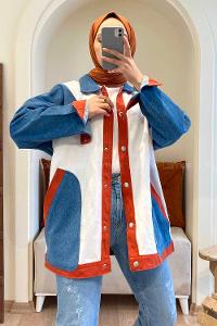 Modalamelif Yan Cepli Renk Garnili Kot Ceket Kot Mavisi