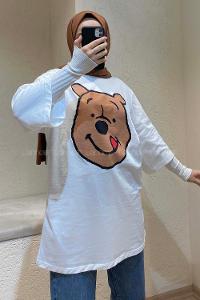 Modalamelif Bear Baskılı Oversize T-Shirt Beyaz