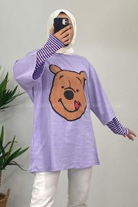 Modalamelif Bear Baskılı Oversize T-Shirt Lila