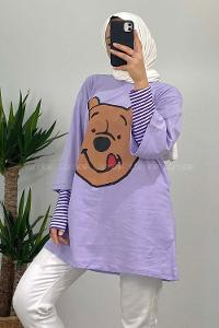 Modalamelif Bear Baskılı Oversize T-Shirt Lila