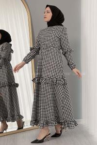 Modalamelif  Bel Lastikli Ekose Elbise Siyah