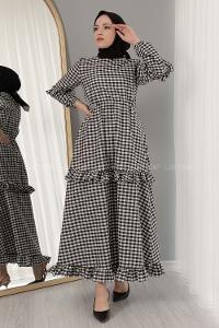 Modalamelif  Bel Lastikli Ekose Elbise Siyah