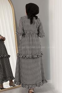 Modalamelif  Bel Lastikli Ekose Elbise Siyah