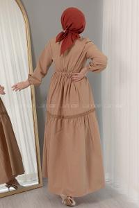 Modalamelif Beli Bağcıklı Fırfırlı Elbise Camel