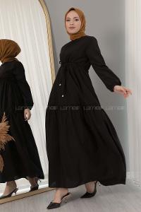 Modalamelif Beli Bağcıklı Fırfırlı Elbise Siyah